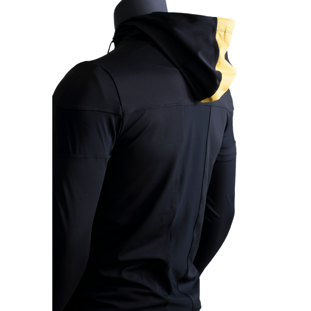 Night Prowler Apparel Black performance jacket with yellow stripe down center Side View