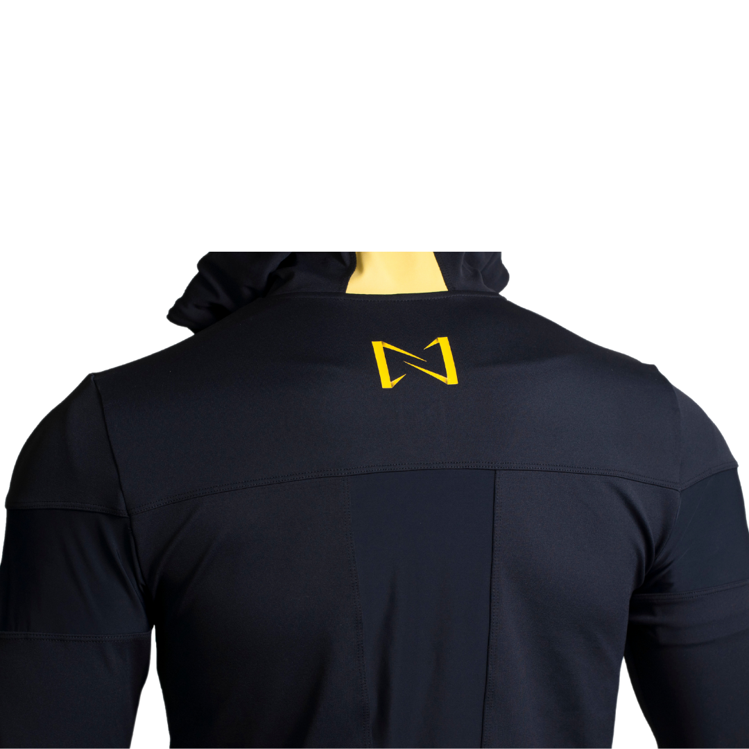Night Prowler Apparel Black performance jacket with yellow N logo and Yellow stripe down center of hood Back view