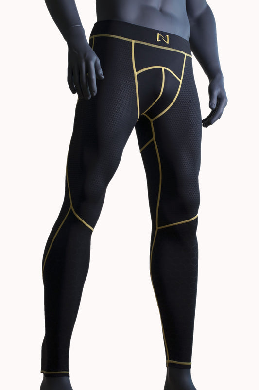 Night Prowler Apparel Black men's leggings with yellow piping and logo with raised honeycomb textured patterns 