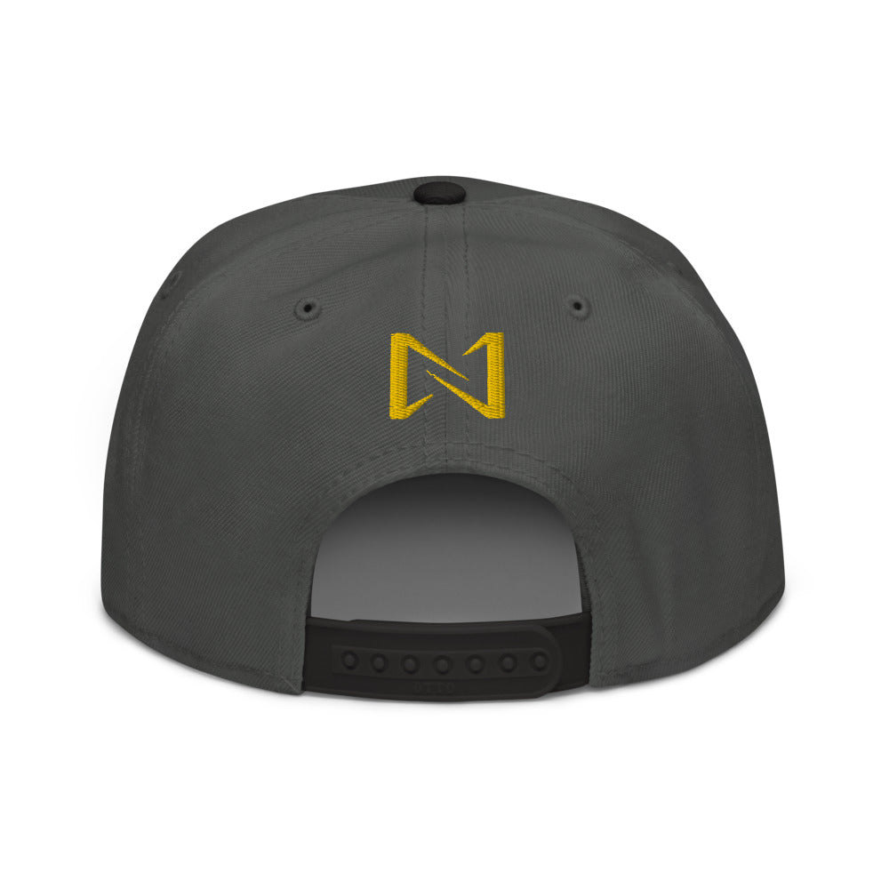 Night Prowler Apparel gray hat with black brin Snap back flat billed hat with yellow N logo on back side and Rise Up text on the left side
