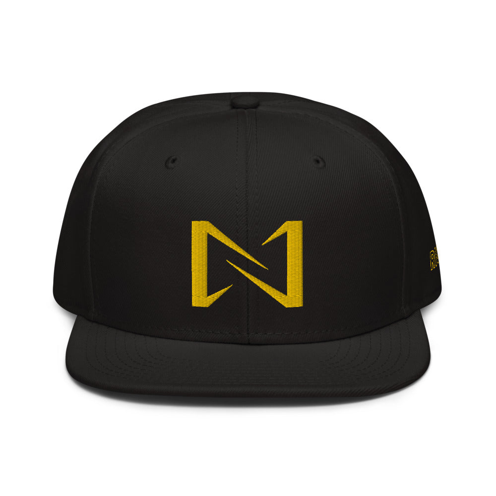 Night Prowler Apparel Black Snap back flat billed hat with yellow N logo on back side and Rise Up text on the left side