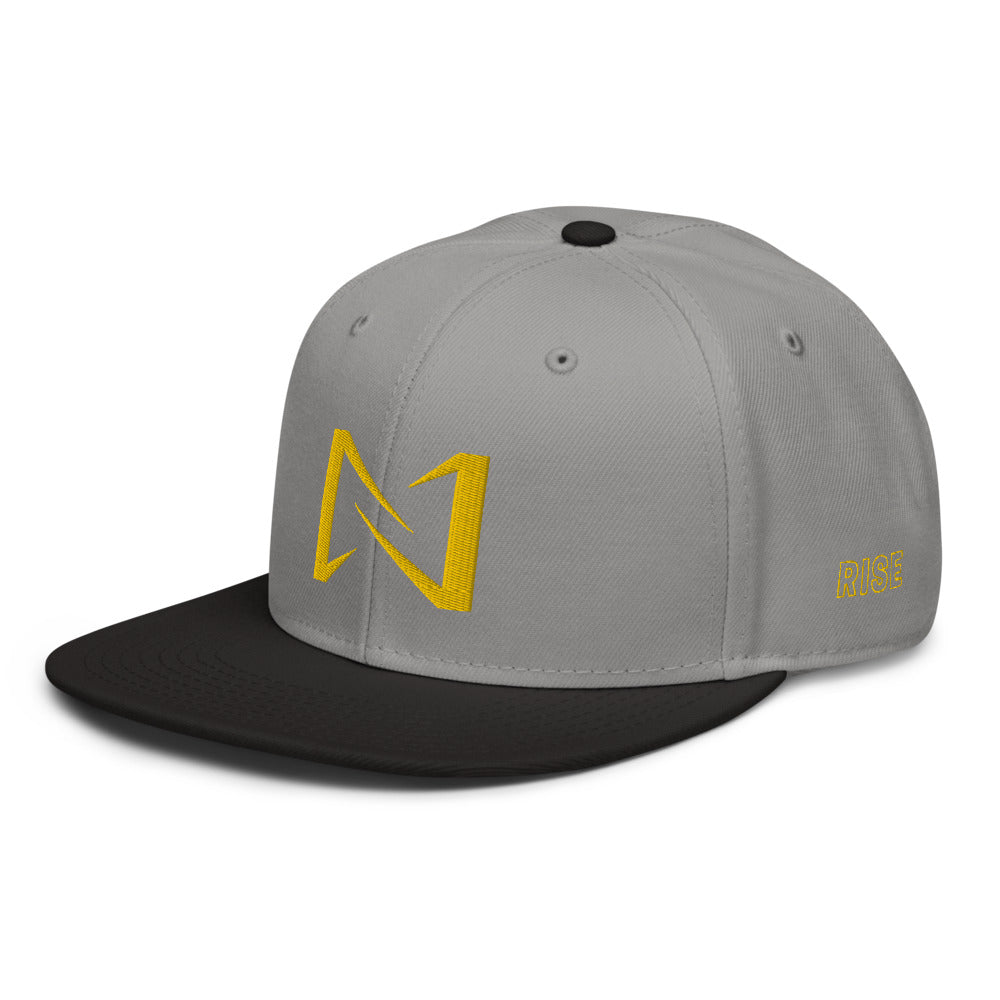Night Prowler Apparel light gray hat  black brim  Snap back flat billed hat with yellow N logo on back side and Rise Up text on the left side