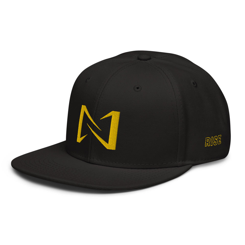 Night Prowler Apparel Black Snap back flat billed hat with yellow N logo on back side and Rise Up text on the left side