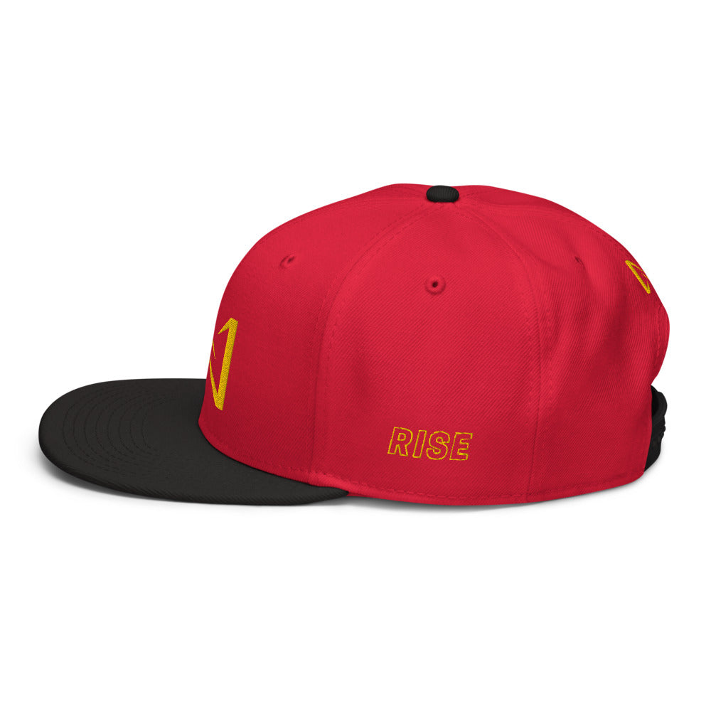 Night Prowler Apparel black brim Red Snap back flat billed hat with yellow N logo on back side and Rise Up text on the left side