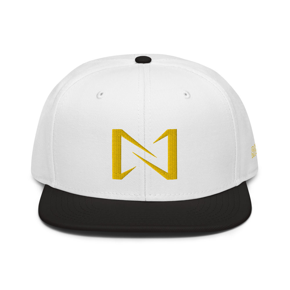 Night Prowler Apparel white gray hat  black brim  Snap back flat billed hat with yellow N logo on back side and Rise Up text on the left side