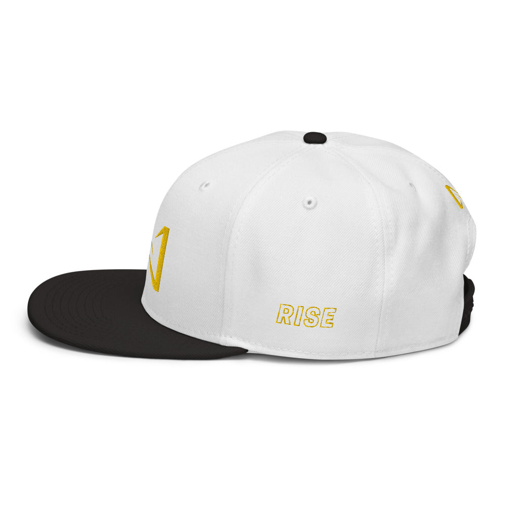 Night Prowler Apparel white gray hat  black brim  Snap back flat billed hat with yellow N logo on back side and Rise Up text on the left side