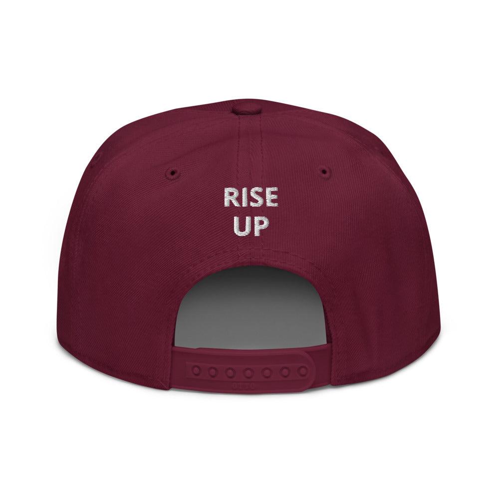 Night Prowler Apparel Maroon Snap back flat billed hat with yellow N logo on left side and Rise Up text on the back