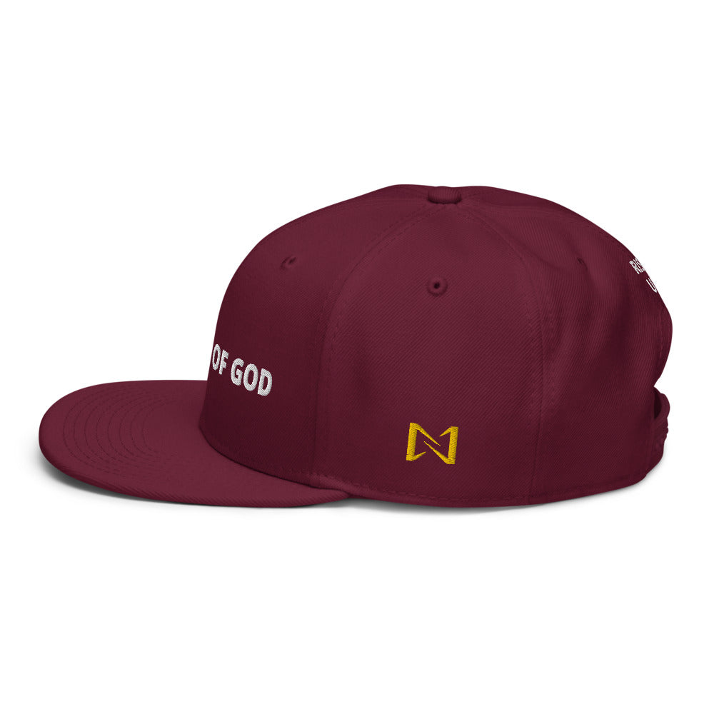 Night Prowler Apparel Maroon Snap back flat billed hat with yellow N logo on left side and Rise Up text on the back