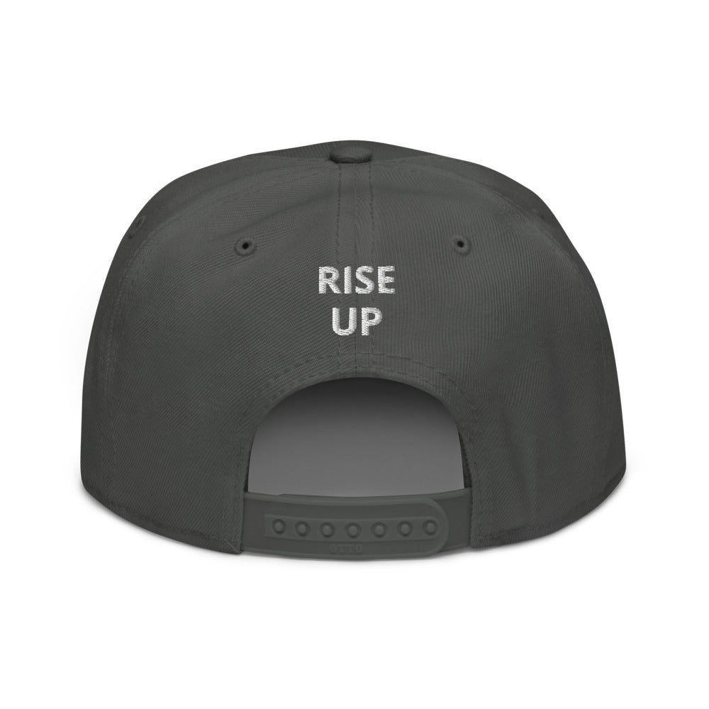 Night Prowler Apparel Gray Snap back flat billed hat with yellow N logo on left side and Rise Up text on the back