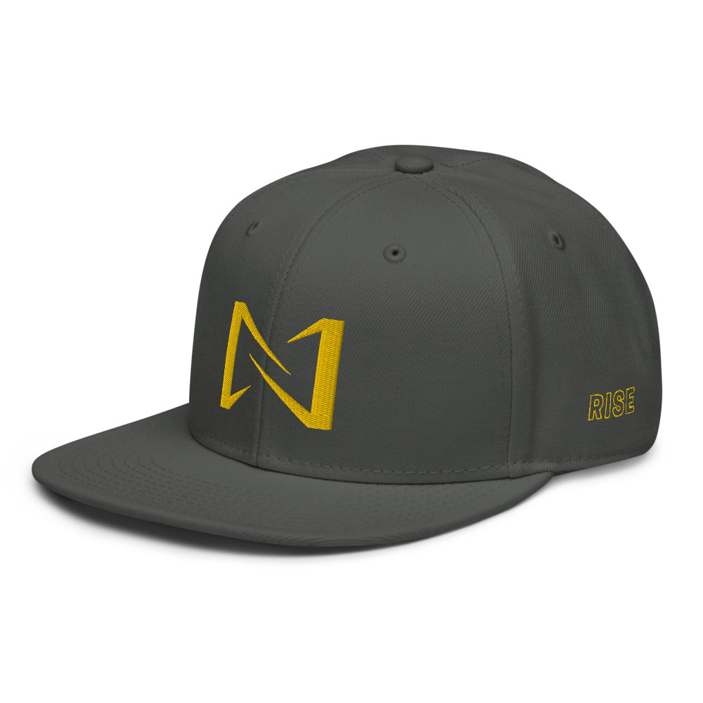 Night Prowler Apparel gray hat  Snap back flat billed hat with yellow N logo on back side and Rise Up text on the left side