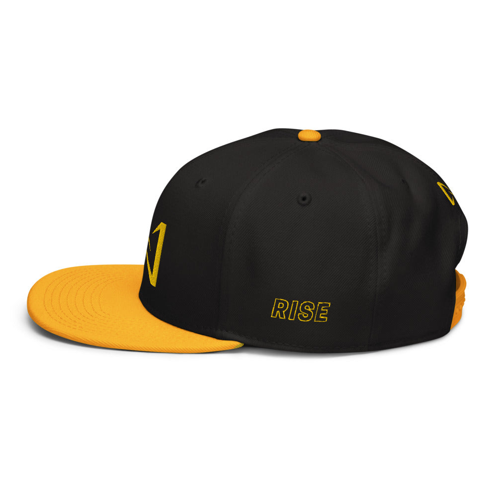 Night Prowler Apparel Yellow brim Snap back flat billed hat with yellow N logo on back side and Rise Up text on the left side