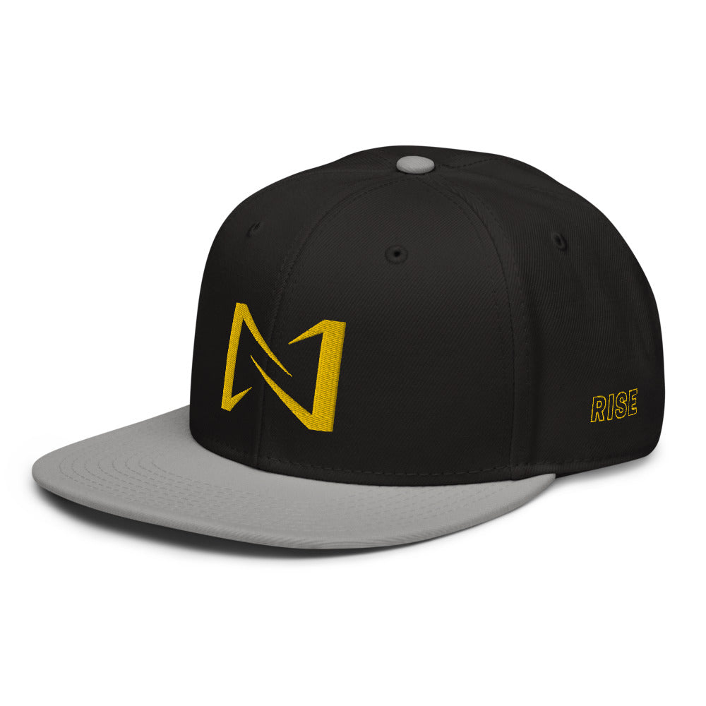 Night Prowler Apparel gray brim Snap back flat billed hat with yellow N logo on back side and Rise Up text on the left side