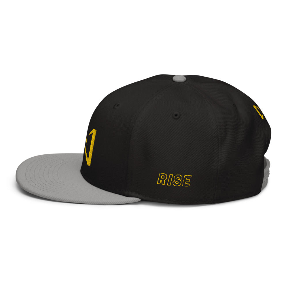 Night Prowler Apparel gray brim Snap back flat billed hat with yellow N logo on back side and Rise Up text on the left side