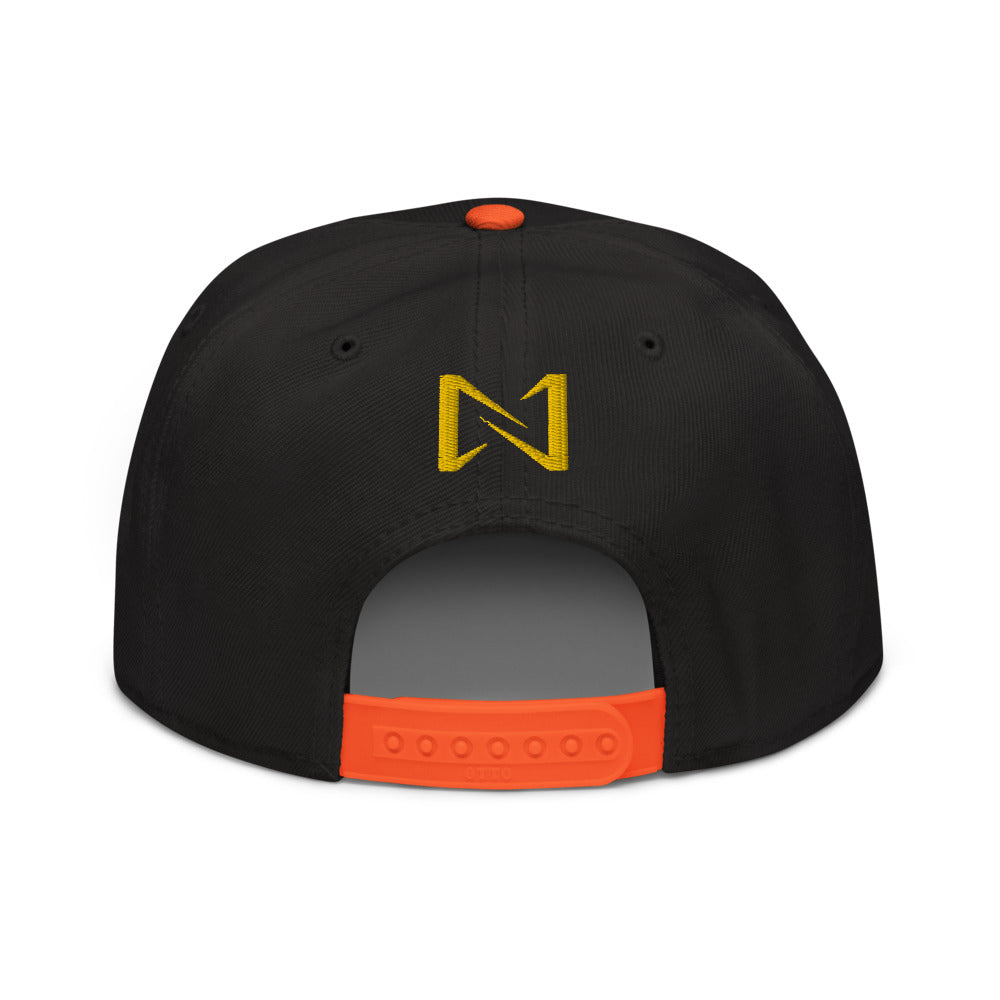 Night Prowler Apparel orange brim Snap back flat billed hat with yellow N logo on back side and Rise Up text on the left side