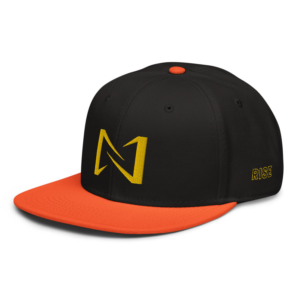 Night Prowler Apparel orange brim Snap back flat billed hat with yellow N logo on back side and Rise Up text on the left side