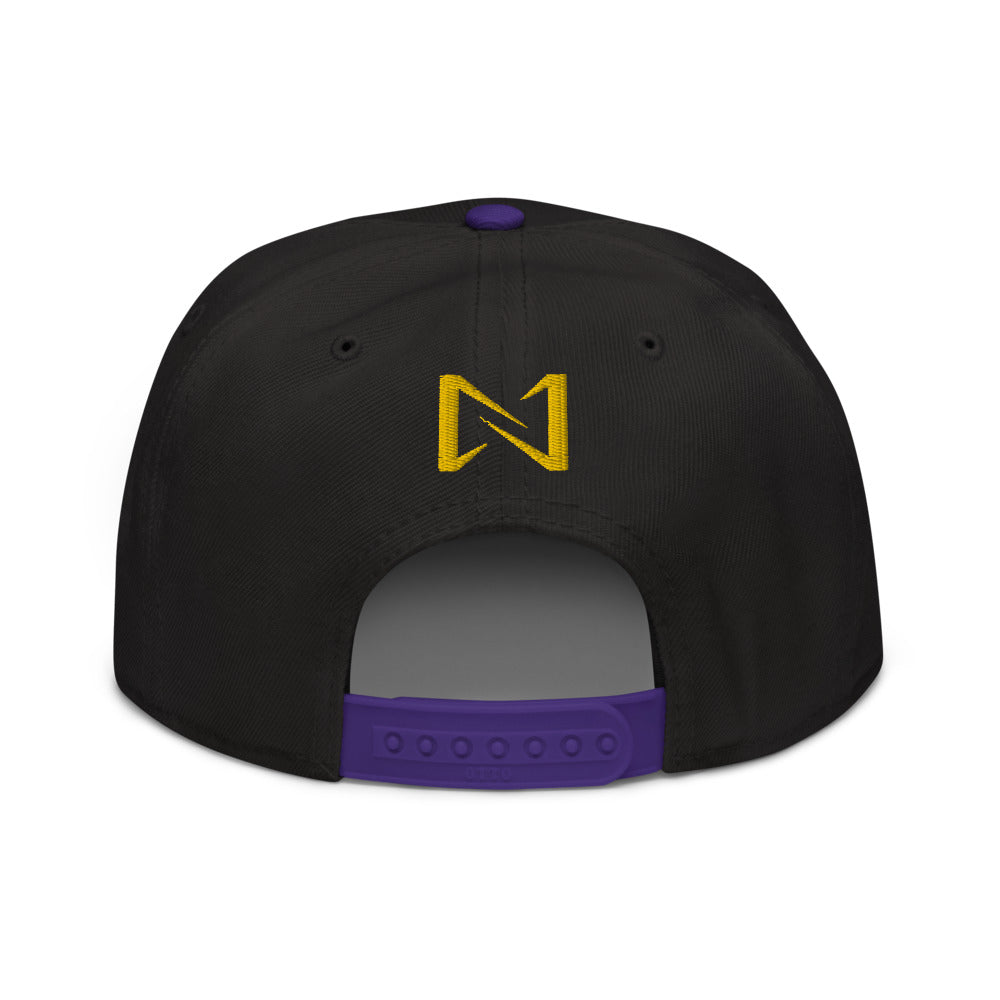Night Prowler Apparel Purple brim Snap back flat billed hat with yellow N logo on back side and Rise Up text on the left side