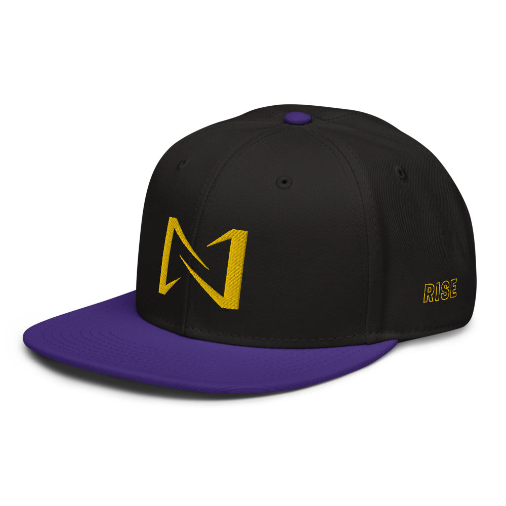 Night Prowler Apparel Purple brim Snap back flat billed hat with yellow N logo on back side and Rise Up text on the left side