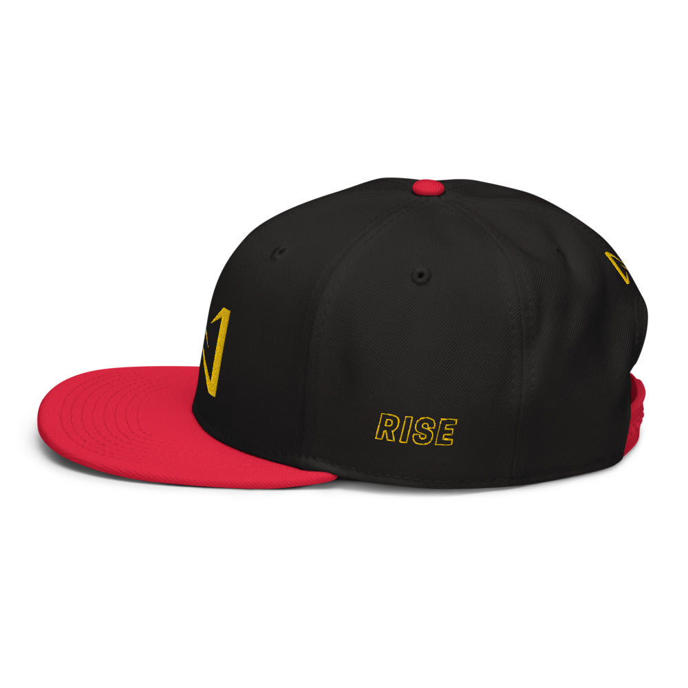 Night Prowler Apparel red brim Snap back flat billed hat with yellow N logo on back side and Rise Up text on the left side