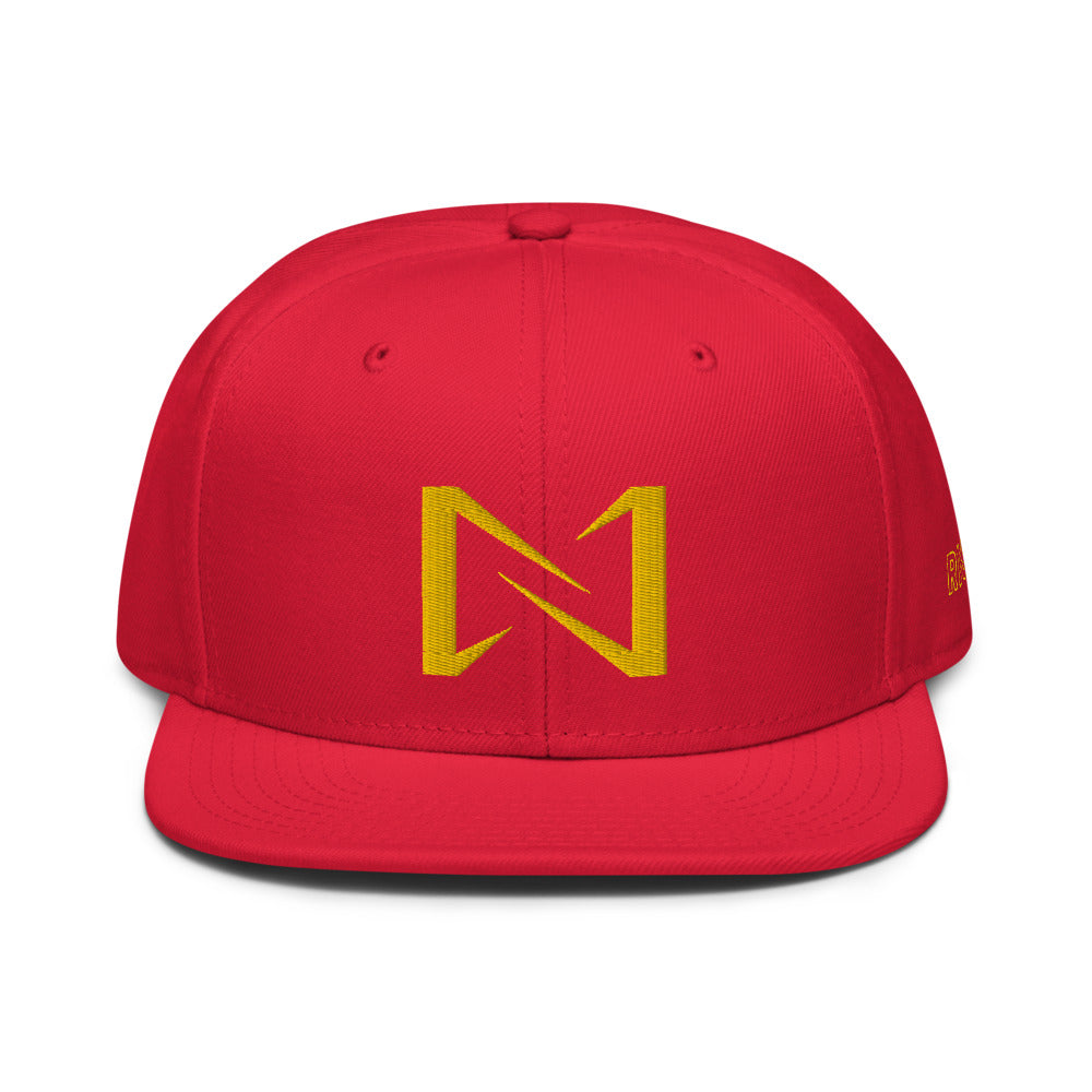 Night Prowler Apparel red Snap back flat billed hat with yellow N logo on back side and Rise Up text on the left side