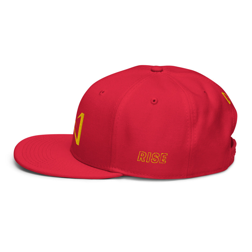 Night Prowler Apparel red Snap back flat billed hat with yellow N logo on back side and Rise Up text on the left side