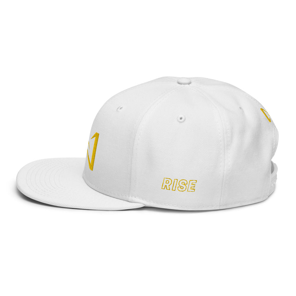 Night Prowler Apparel white at brim  Snap back flat billed hat with yellow N logo on back side and Rise Up text on the left side